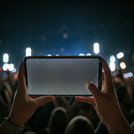Fans at a concert holding up bright LED scrolling banners on smartphones