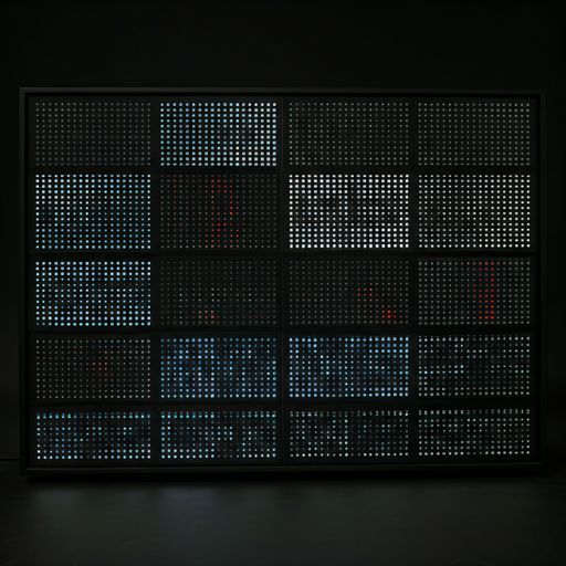 Technician inspecting and repairing a large outdoor LED display board with specialized tools